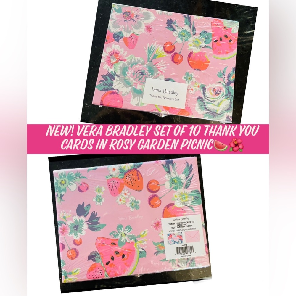 New! Vera Bradley Set of 10 Thank You Cards in Rosy Garden Picnic🍉🌺NIB